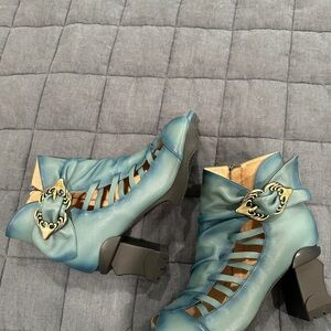 L'ATISTE Teal Heeled Boots with Gold Accents
